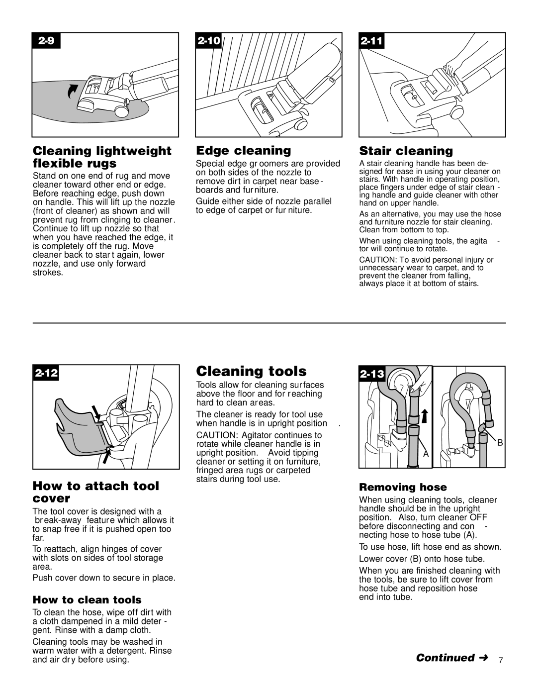 Hoover U5432900 manual Cleaning lightweight flexible rugs, Edge cleaning, Stair cleaning, How to attach tool cover 