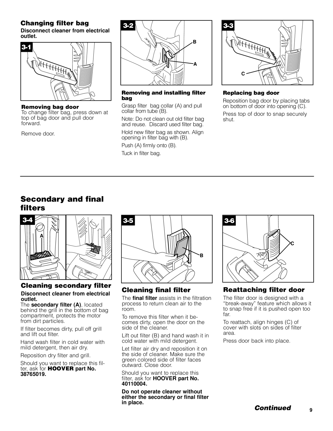 Hoover U5432900 manual Secondary and final filters, Changing filter bag, Cleaning secondary filter, Cleaning final filter 