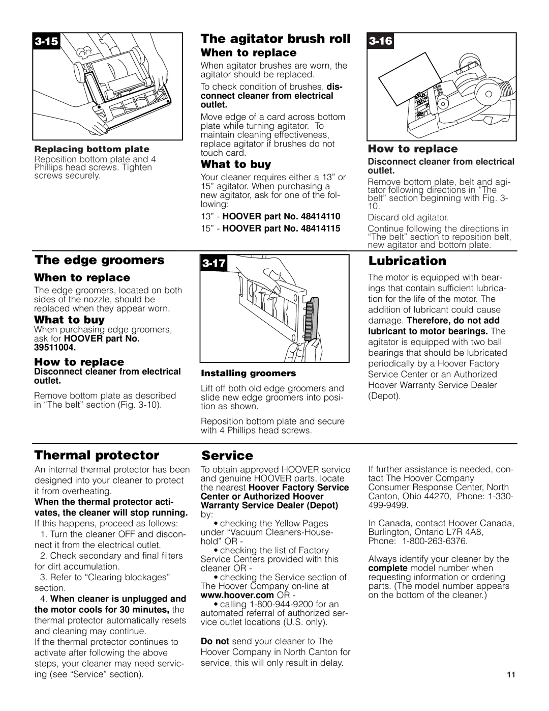 Hoover U5458910 manual Edge groomers, Agitator brush roll, Lubrication, Thermal protector, Service 