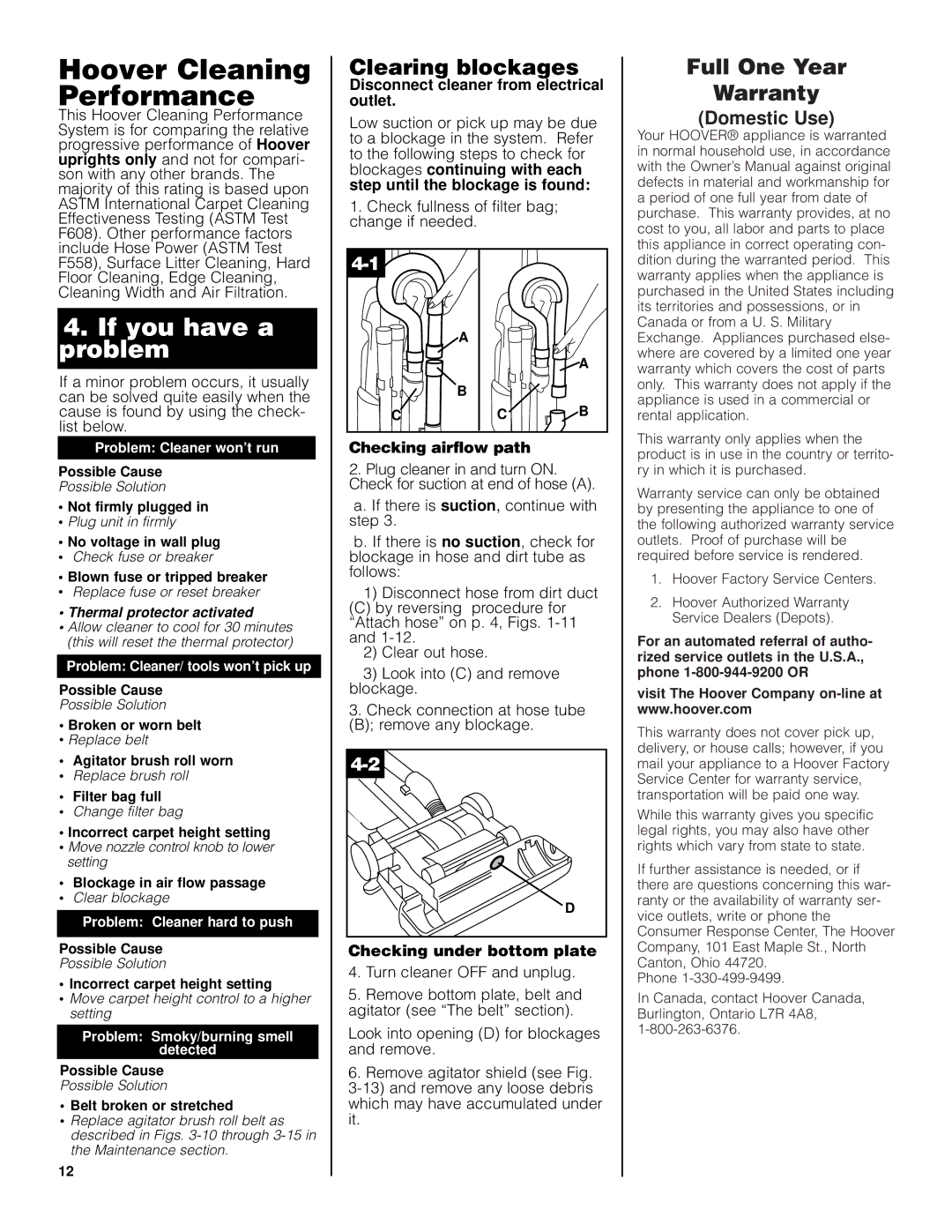 Hoover U5458910 manual Clearing blockages, Full One Year Warranty, Domestic Use, Checking airflow path 