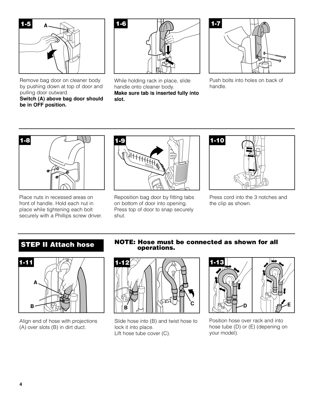 Hoover U5458910 manual Switch a above bag door should be in OFF position, Make sure tab is inserted fully into slot 