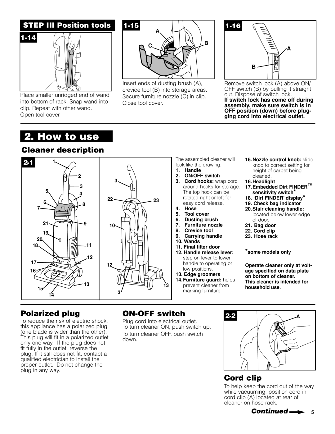 Hoover U5458910 manual Cleaner description, Polarized plug, ON-OFF switch, Cord clip 