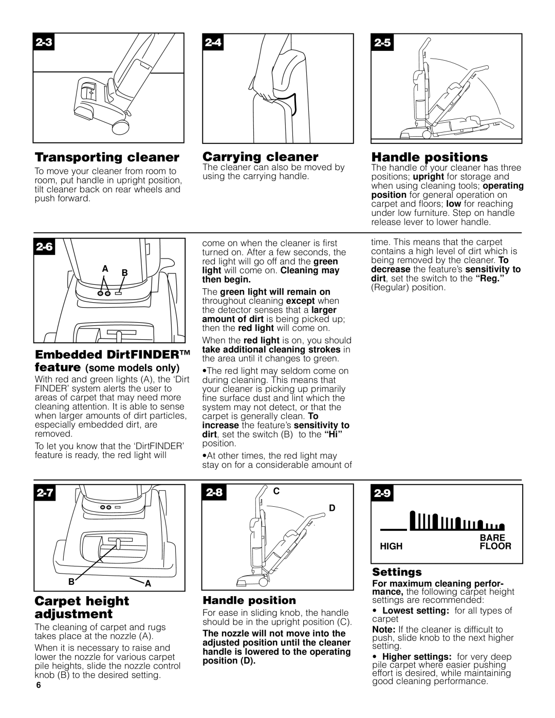 Hoover U5458910 manual Transporting cleaner, Carrying cleaner, Handle positions, Carpet height Adjustment 