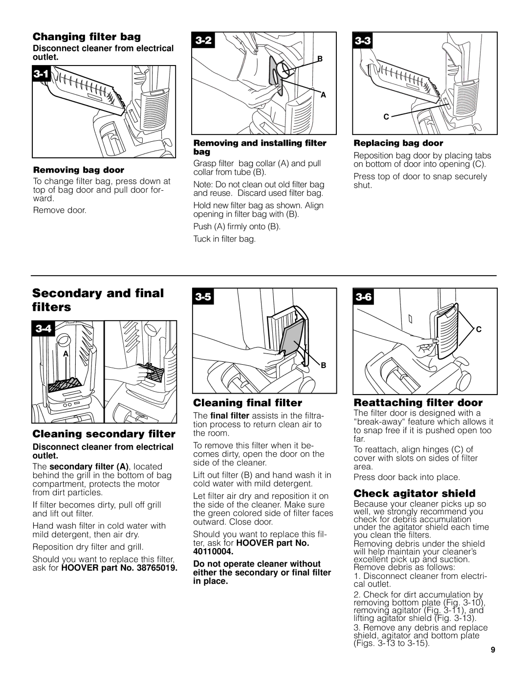 Hoover U5458910 manual Secondary and final filters 