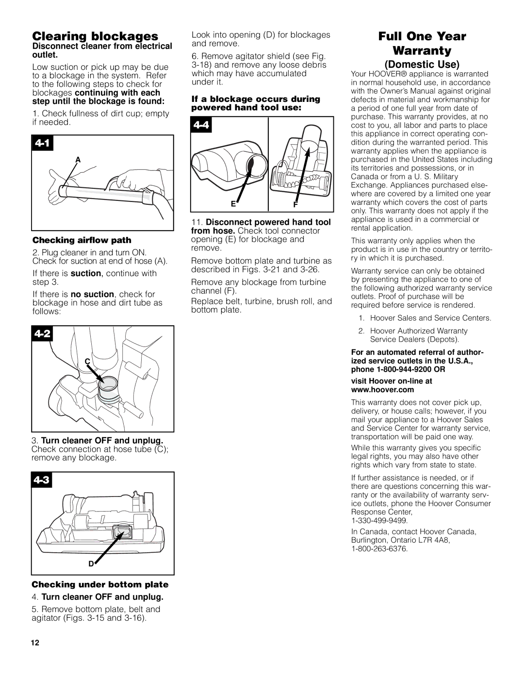 Hoover U5509900 owner manual Clearing blockages, Full One Year Warranty, Domestic Use, Checking airflow path 