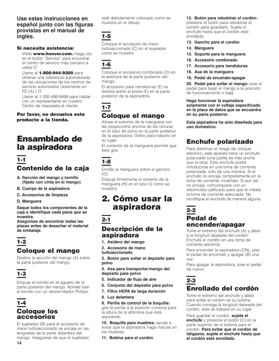 Hoover U5509900 owner manual Ensamblado de la aspiradora, Cómo usar la aspiradora 