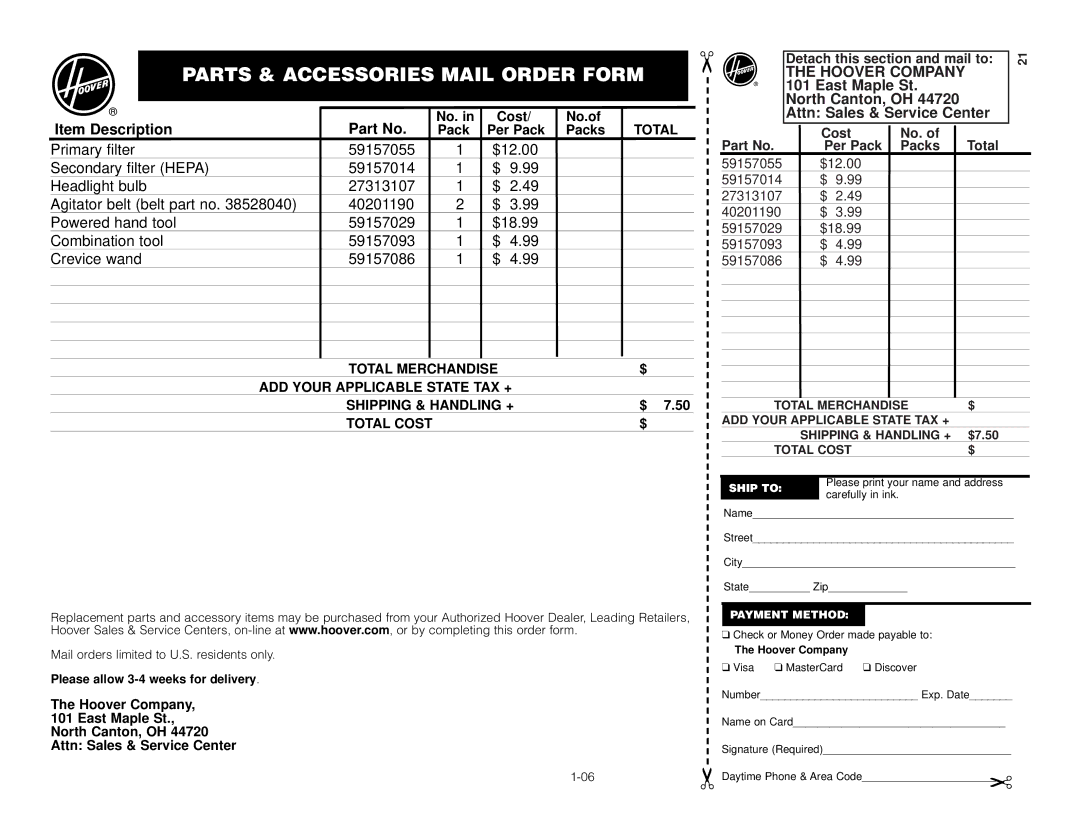 Hoover U5509900 No. Cost No.of, Pack Per Pack Packs, Detach this section and mail to, Cost No. Total Per Pack Packs 