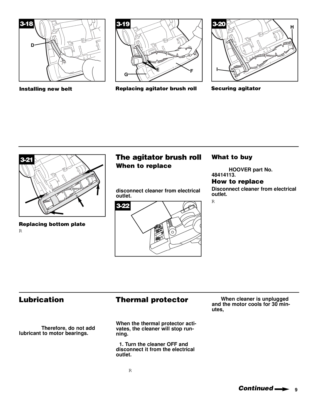 Hoover U5509900 owner manual Agitator brush roll, Lubrication, Thermal protector 