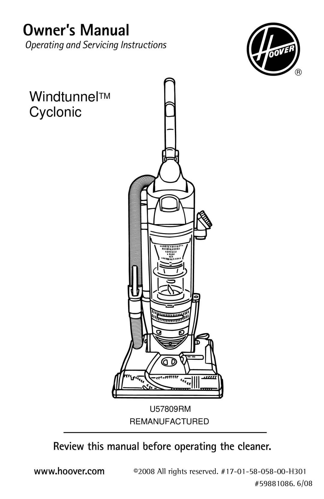 Hoover U57809RM owner manual WindtunnelTM Cyclonic 