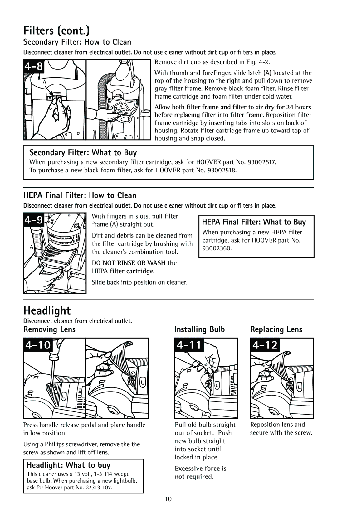 Hoover U57809RM owner manual Filters, Headlight 