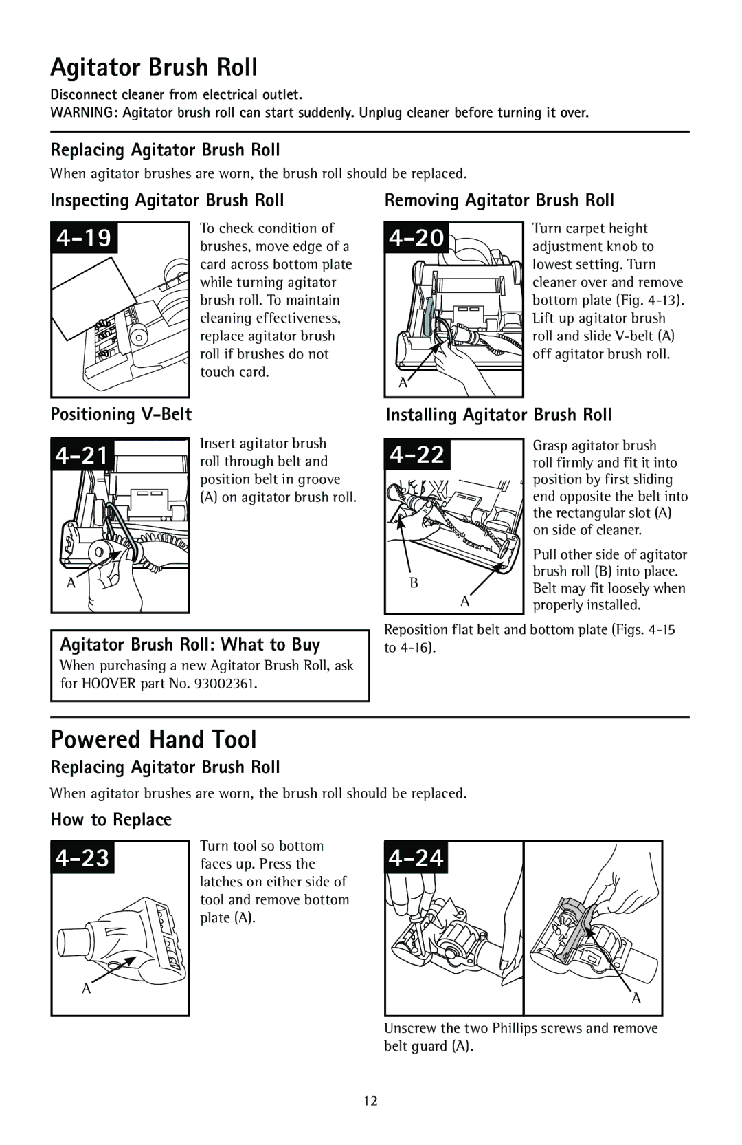 Hoover U57809RM owner manual Agitator Brush Roll, Powered Hand Tool 