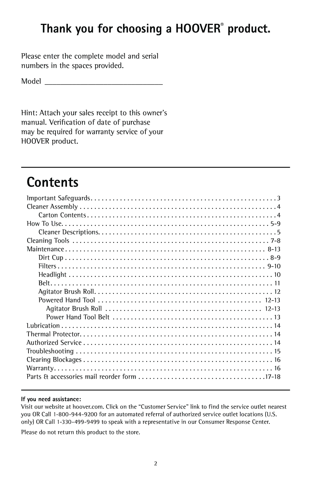 Hoover U57809RM owner manual Contents 