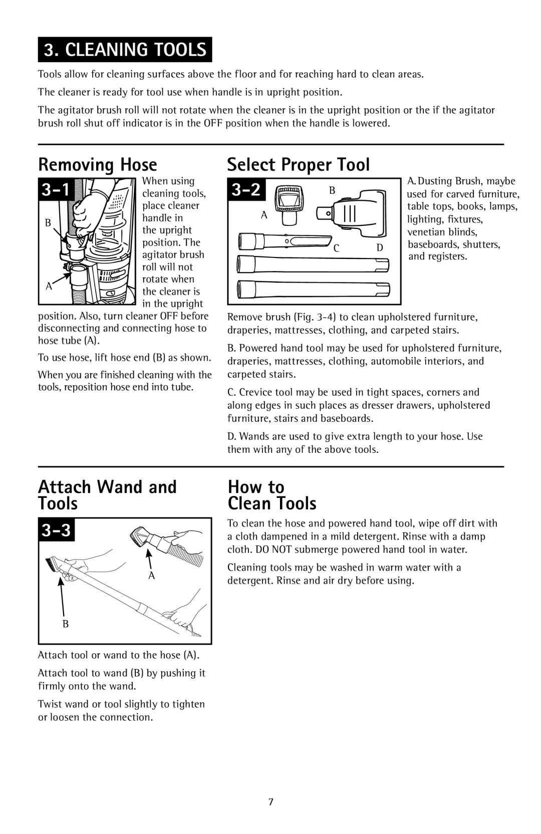 Hoover U57809RM owner manual Cleaning Tools, Removing Hose, How to Clean Tools 