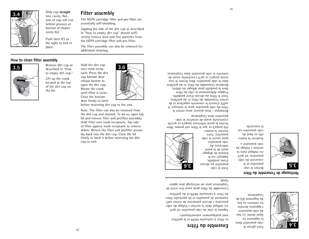 Hoover U5786900 owner manual Filter assembly, How to clean filter assembly, Filtre du l’ensemble de Nettoyage 