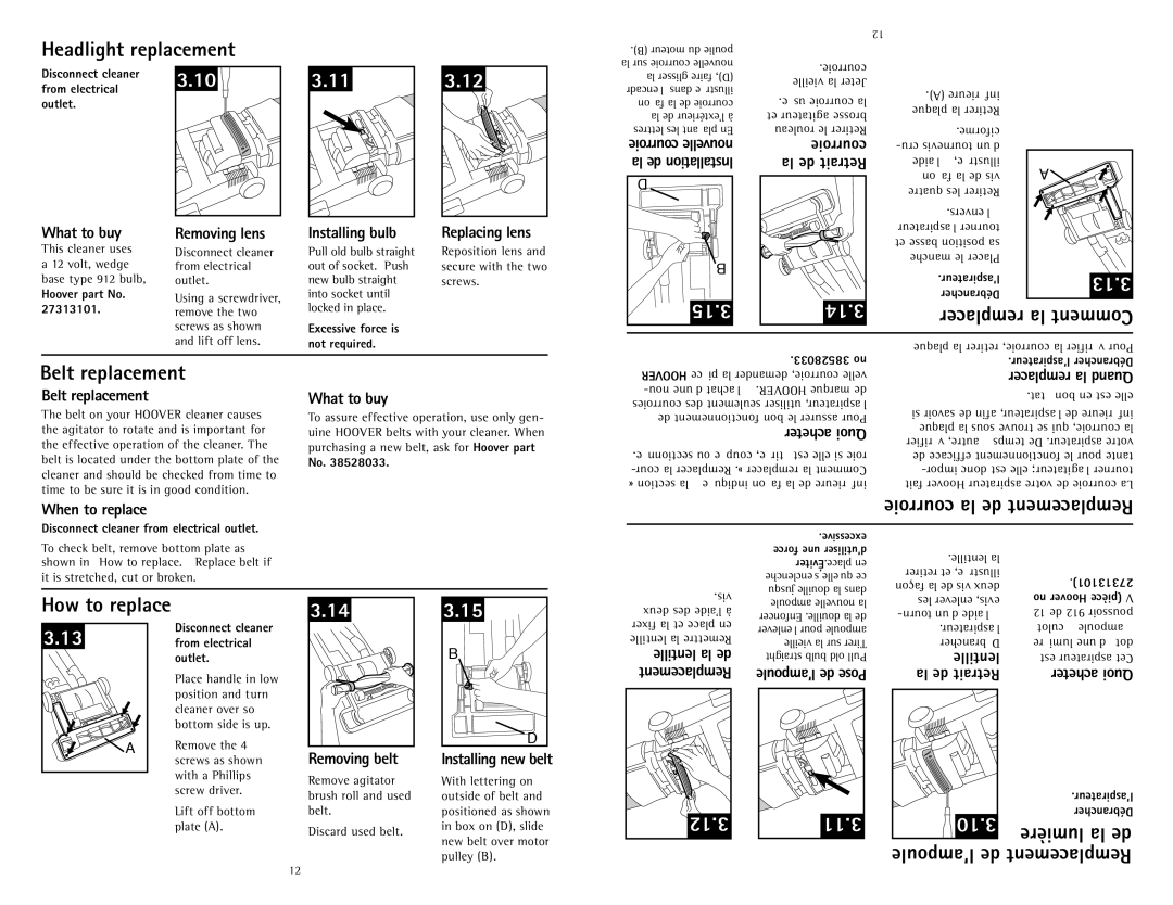 Hoover U5786900 Headlight replacement, Belt replacement, Courroie la de Remplacement, How to replace, ’ampoule de 