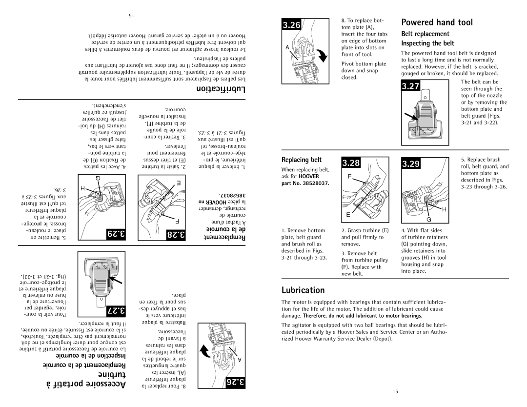 Hoover U5786900 owner manual 328, 327, Turbine, Lubrication, Lubrification 