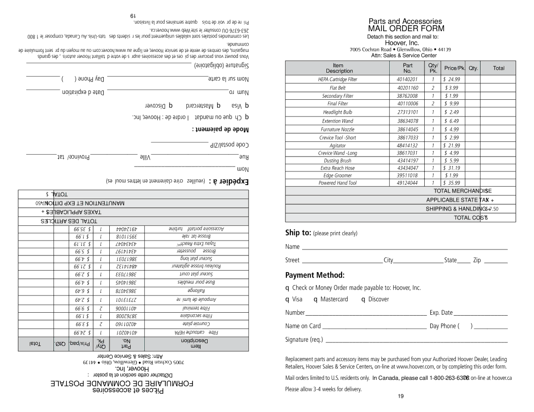 Hoover U5786900 owner manual Payment Method, Paiement de Mode 