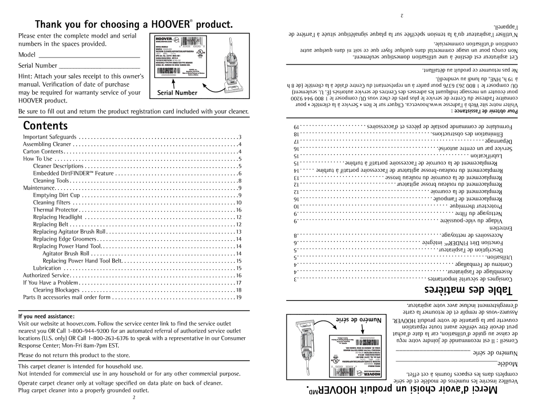 Hoover U5786900 owner manual Contents, Matières des Table 