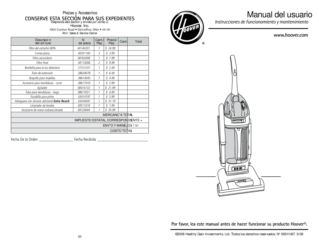 Hoover U5786900 owner manual Desprenda esta sección y envíela por correo a, Descripción, Precio Cant Total 