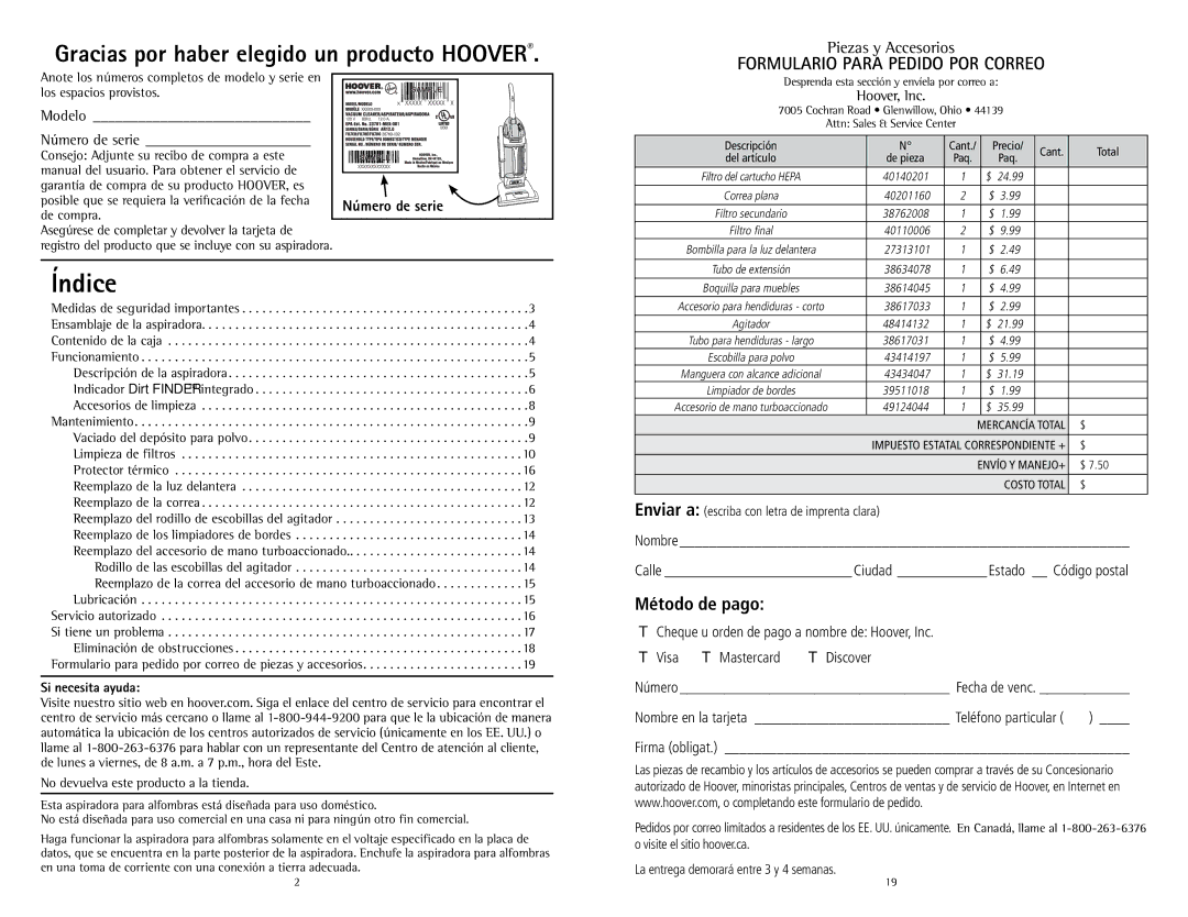 Hoover U5786900 owner manual Índice, Método de pago, Número de serie, Si necesita ayuda 