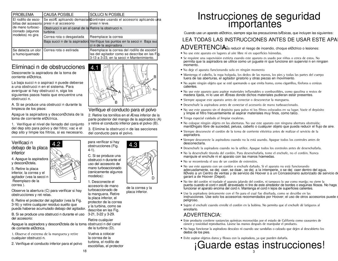 Hoover U5786900 owner manual Eliminación de obstrucciones, Verifique el conducto para el polvo 