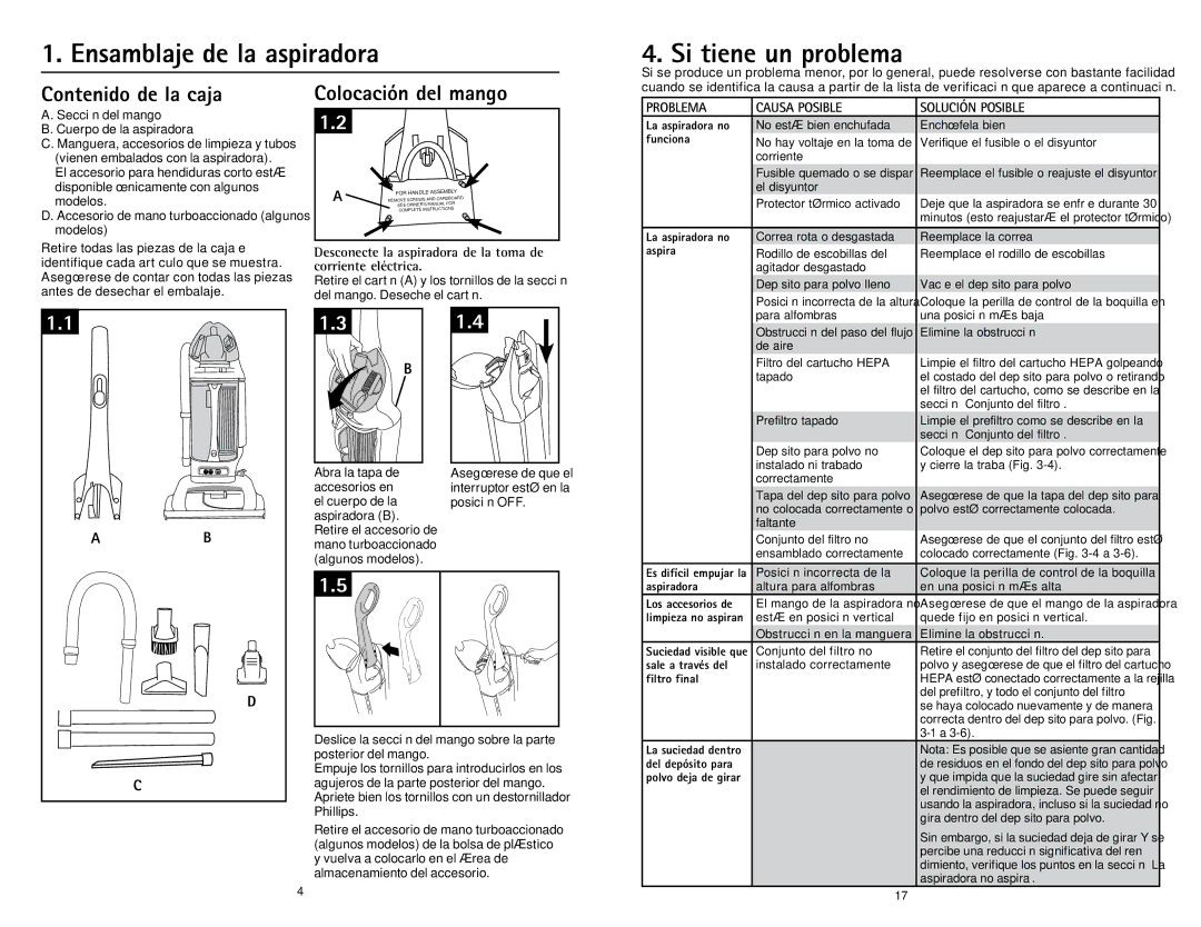 Hoover U5786900 owner manual Ensamblaje de la aspiradora Si tiene un problema, Contenido de la caja, Colocación del mango 