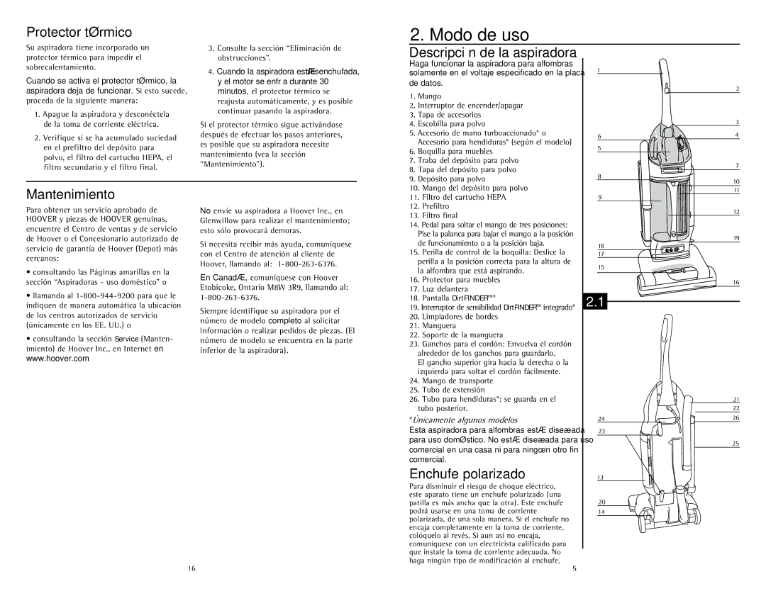 Hoover U5786900 Modo de uso, Protector térmico, Descripción de la aspiradora, Mantenimiento, Enchufe polarizado 