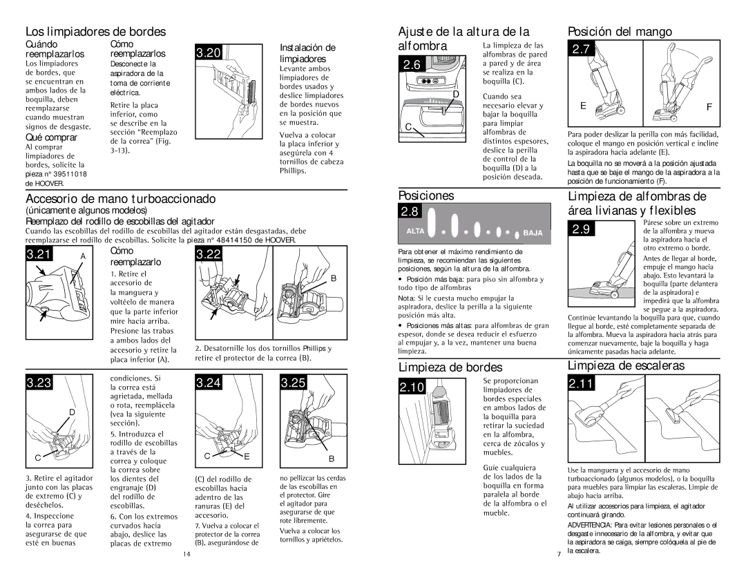 Hoover U5786900 owner manual Los limpiadores de bordes, Ajuste de la altura de la, Alfombra, Posición del mango, Posiciones 