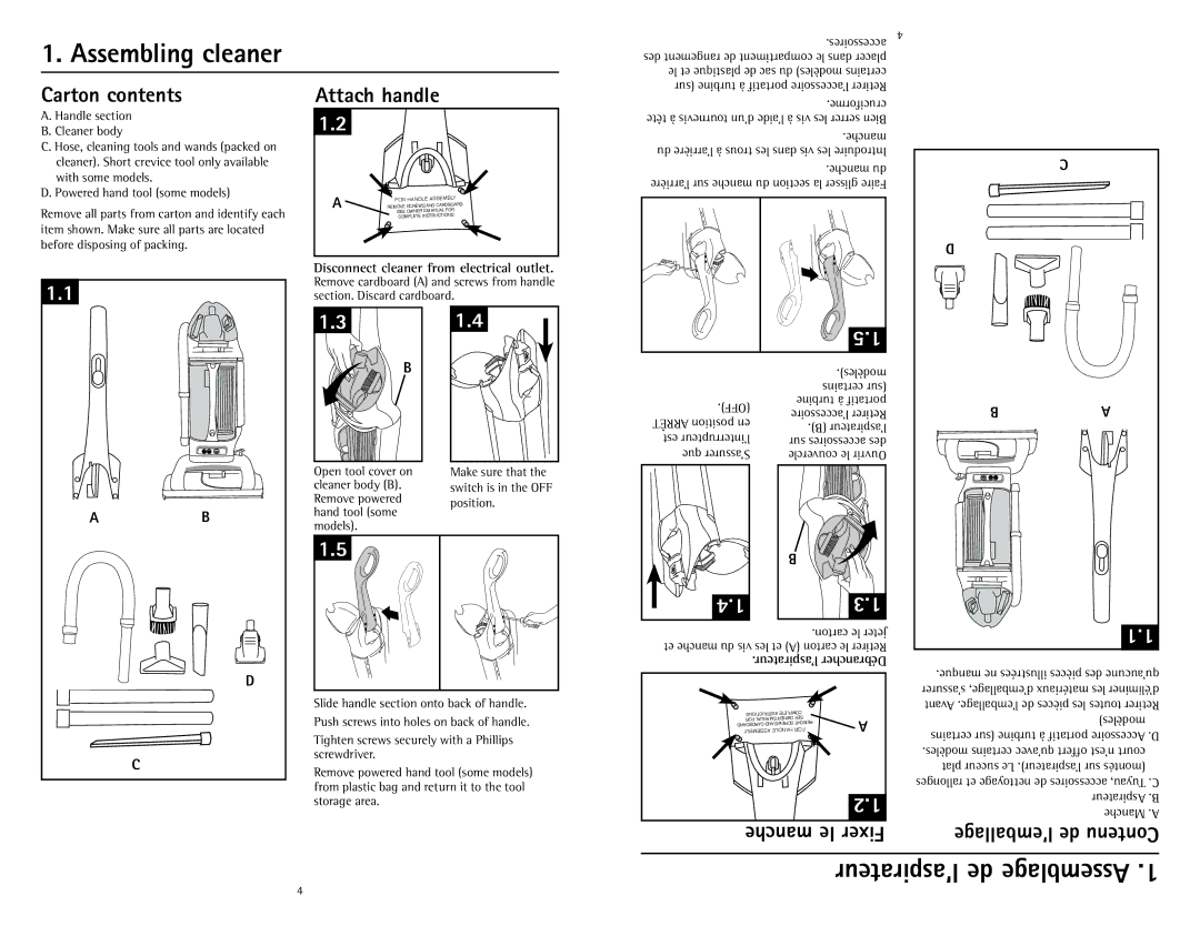 Hoover U5786900 owner manual Carton contents, Attach handle, 31.4, Manche le Fixer 