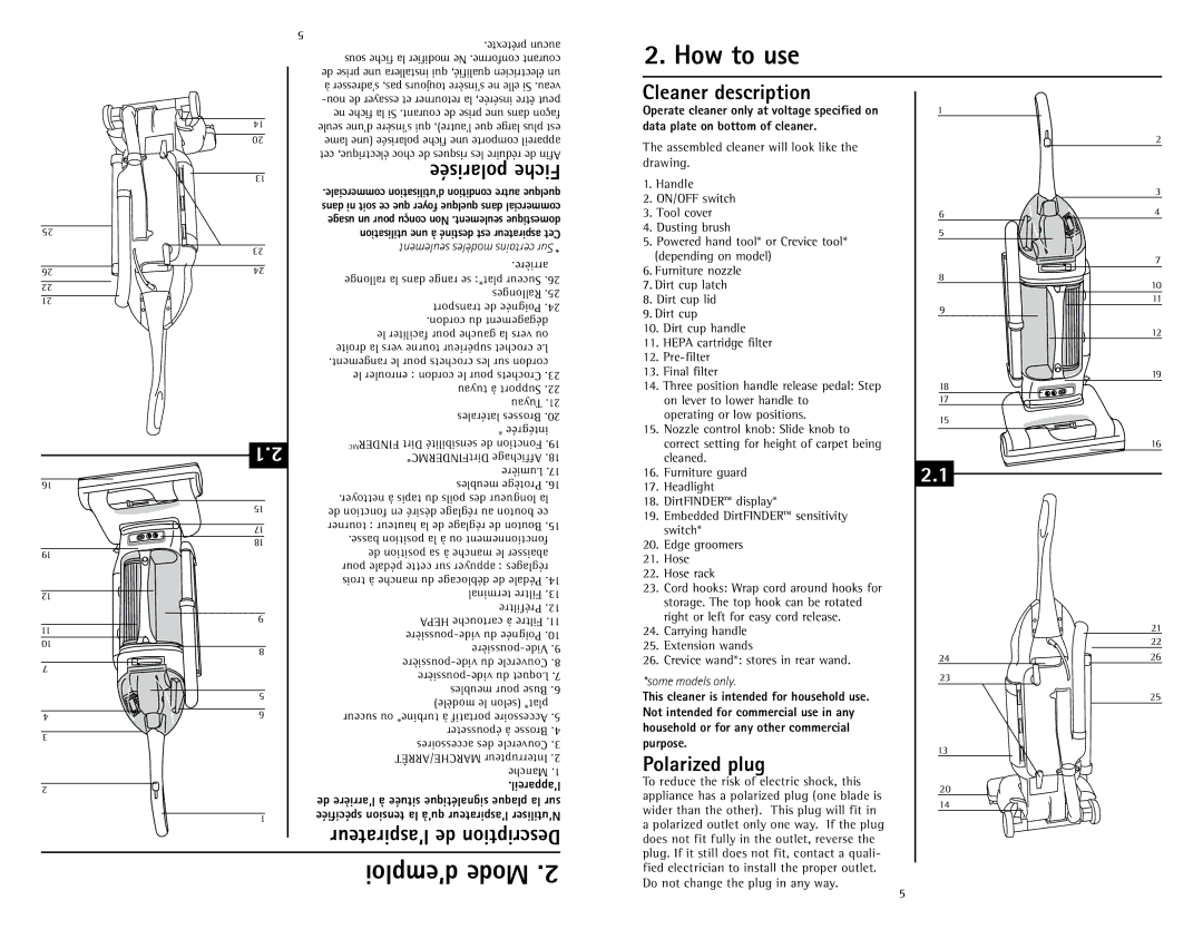 Hoover U5786900 ’emploi Mode How to use, ’aspirateur de Description, Cleaner description, Polarized plug, Polarisée Fiche 