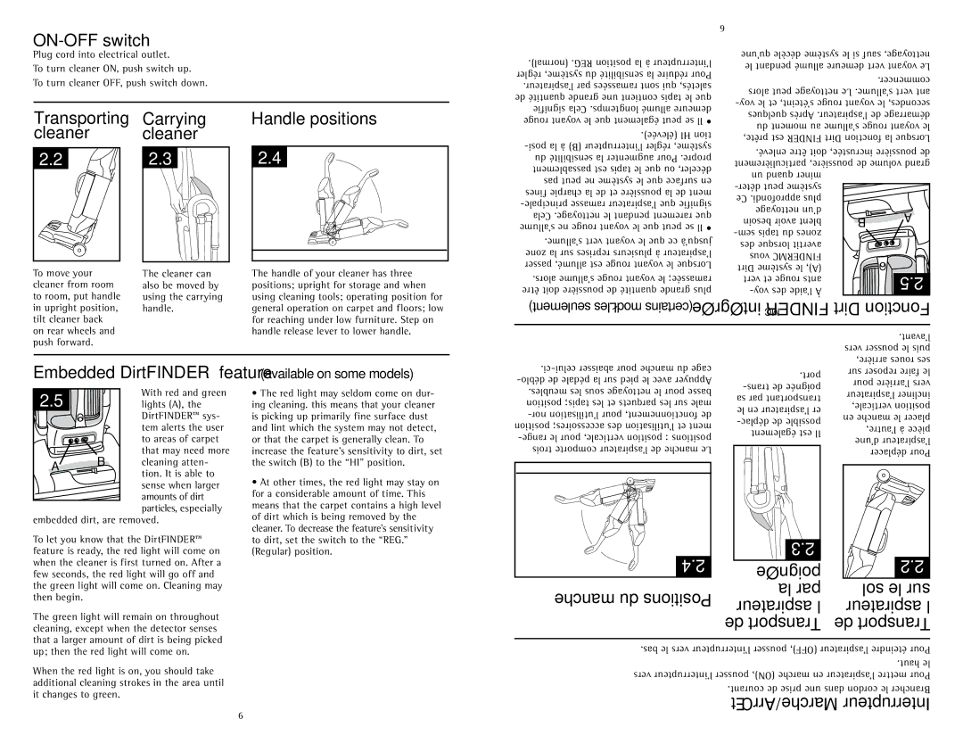 Hoover U5786900 owner manual ON-OFF switch, Cleaner, Handle positions, Embedded DirtFINDER feature available on some models 