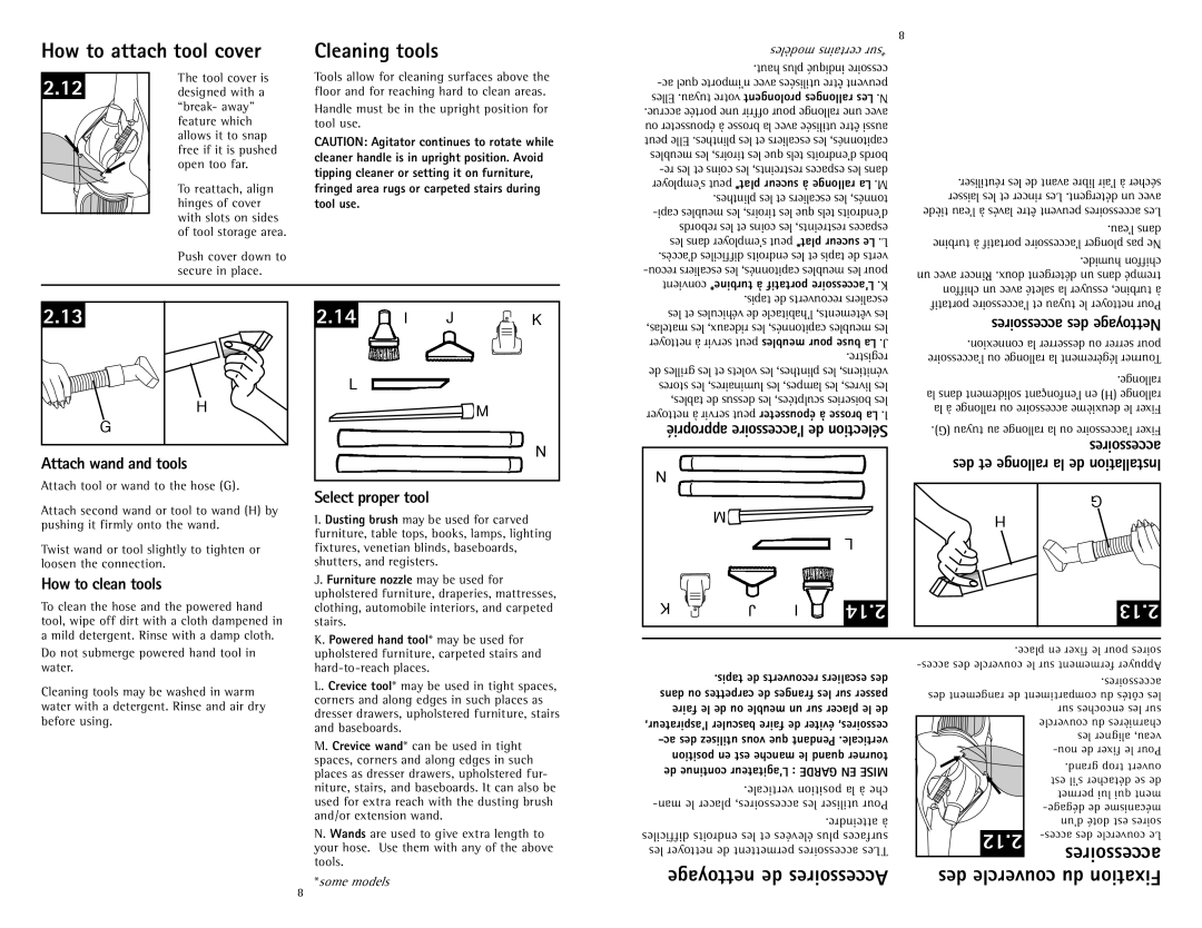 Hoover U5786900 owner manual How to attach tool cover, Cleaning tools, 14.2, Des couvercle du Fixation 