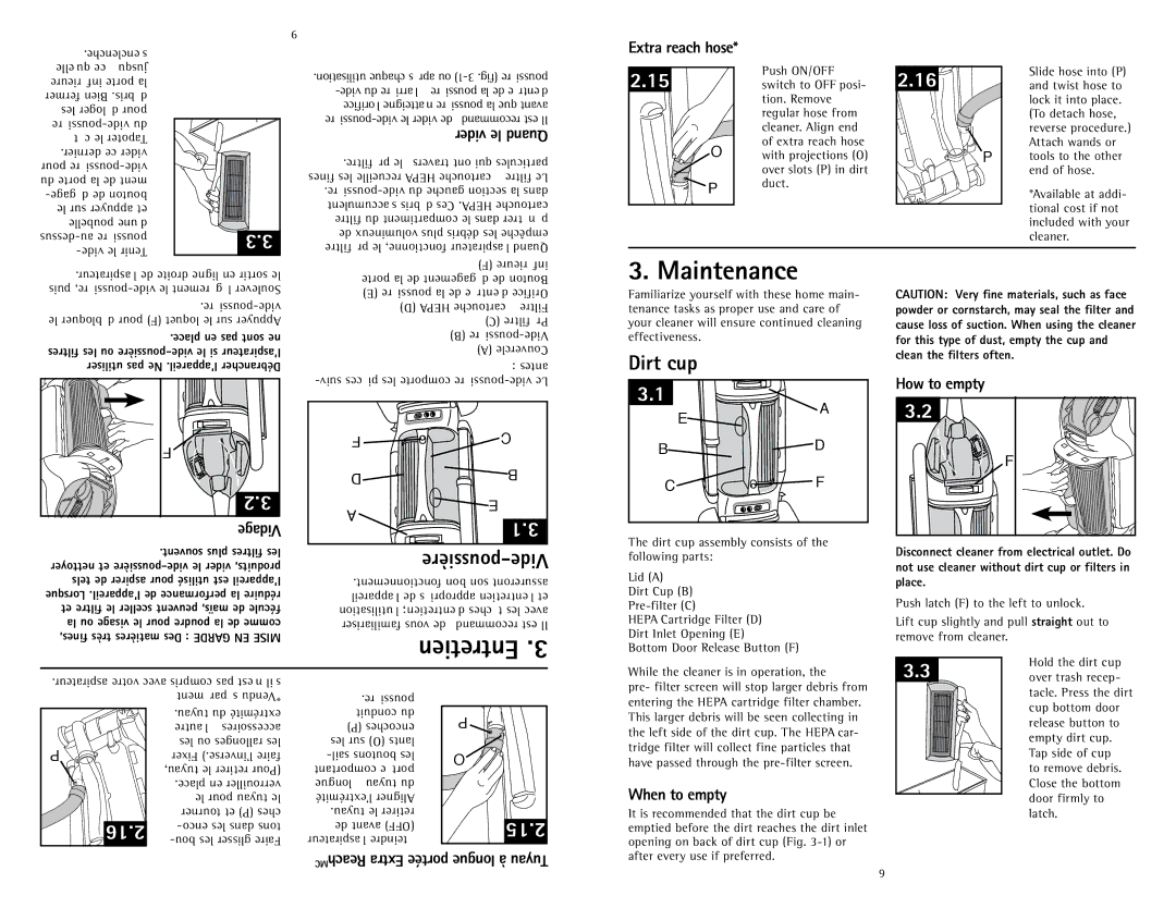 Hoover U5786900 owner manual Maintenance, Dirt cup, 16.2, 15.2 