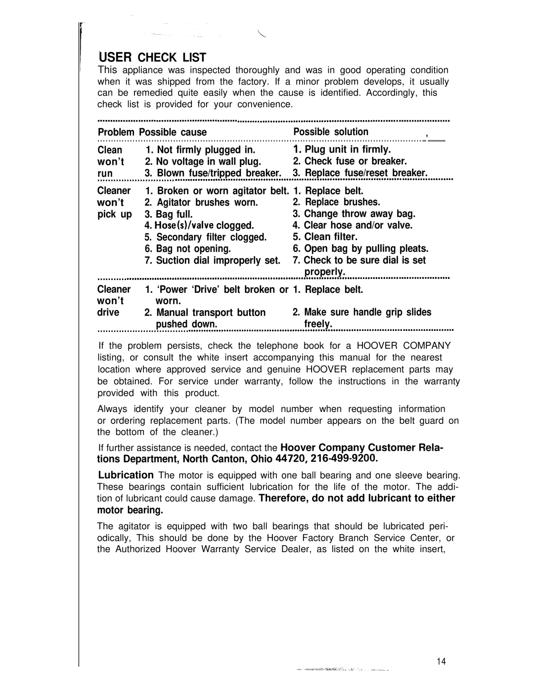 Hoover U6049 manual User Check List, Freely 