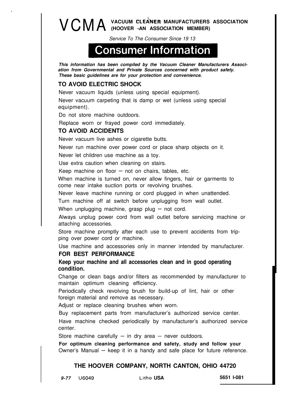 Hoover U6049 manual To Avoid Electric Shock, To Avoid Accidents, For Best Performance, Hoover COMPANY, North CANTON, Ohio 