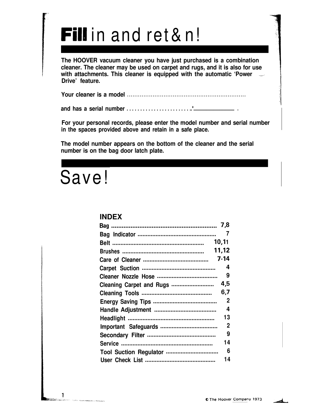 Hoover U6049 manual Fill in and ret&n, Index 