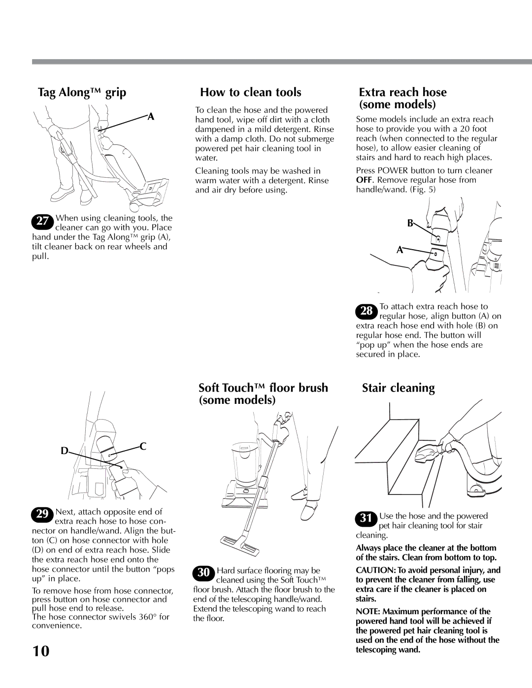 Hoover U8315960 owner manual Tag Along grip, How to clean tools, Soft Touch floor brush, Some models 