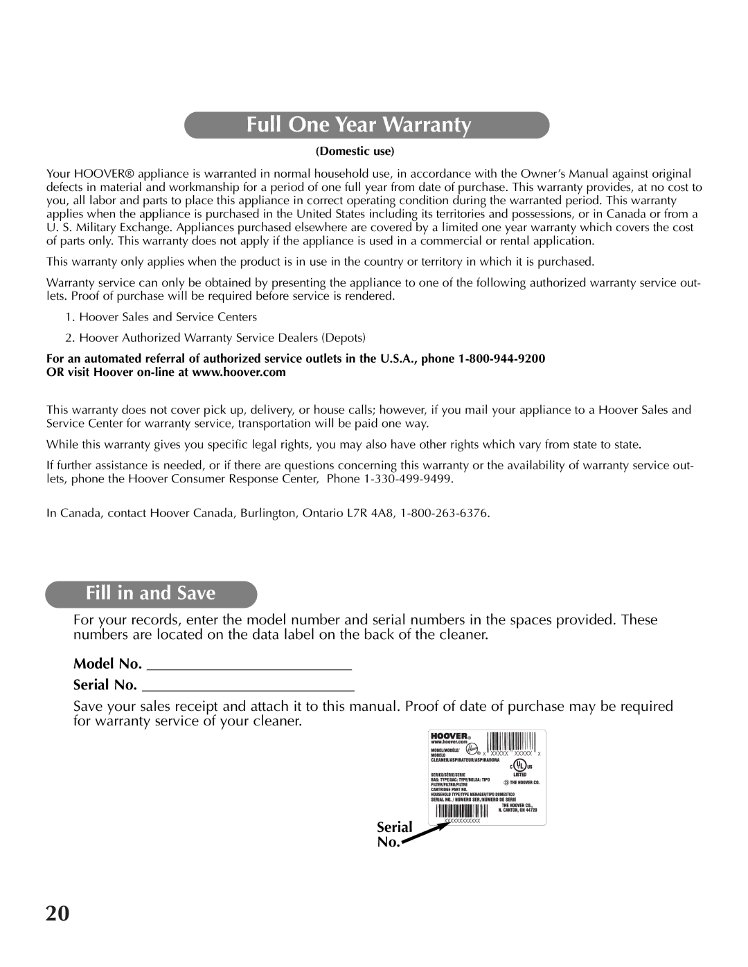 Hoover U8315960 owner manual Fill in and Save, Domestic use 