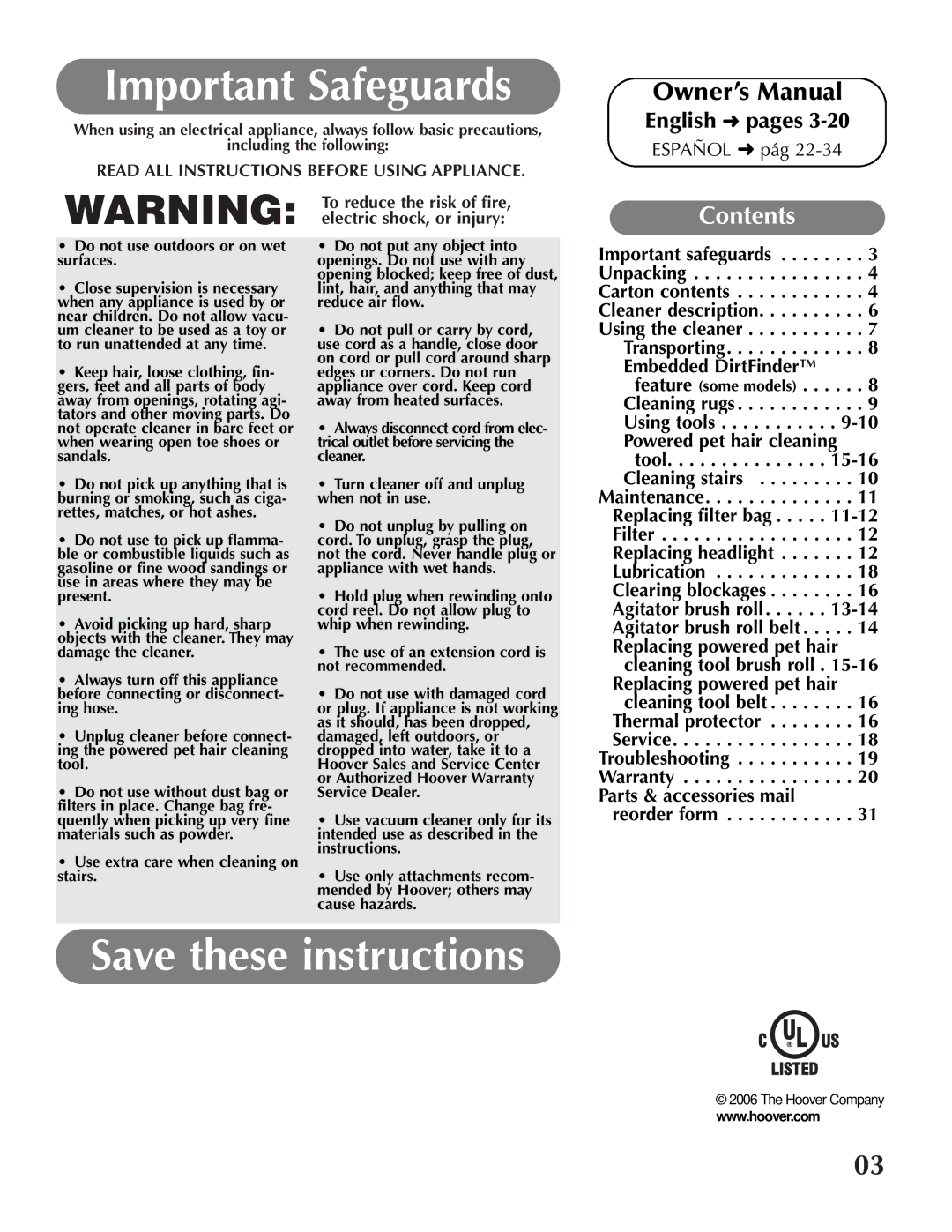 Hoover U8315960 owner manual Important Safeguards, Contents 