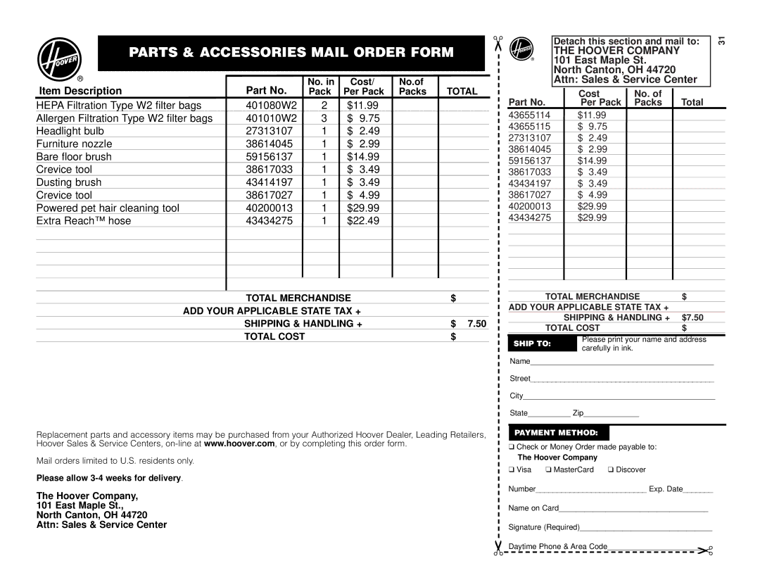 Hoover U8315960 owner manual Parts & Accessories Mail Order Form 