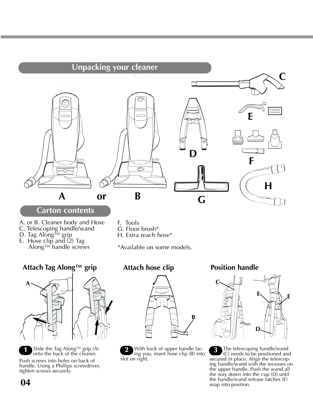 Hoover U8315960 owner manual Unpacking your cleaner, Carton contents 