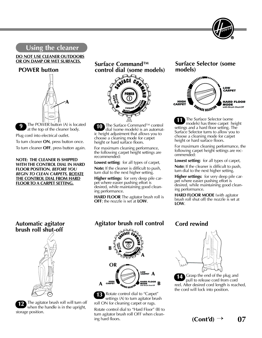 Hoover U8315960 Using the cleaner, Power button, Surface Selector some models, Agitator brush roll control, Cord rewind 