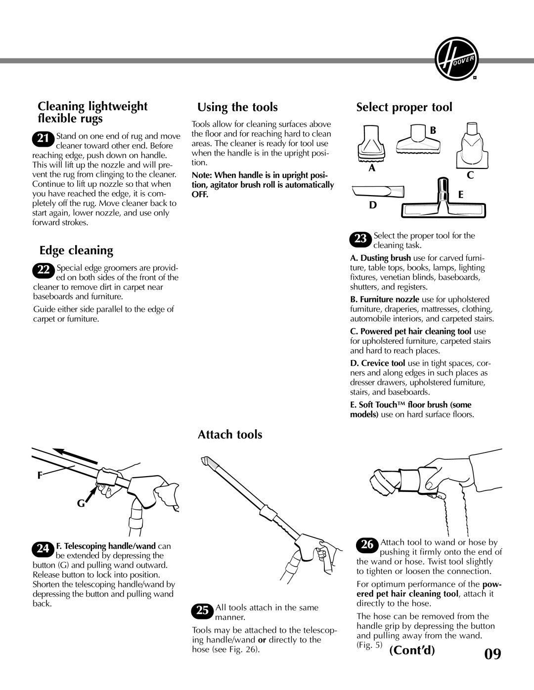 Hoover U8315960 Using the tools, Select proper tool, Edge cleaning, Attach tools, Cleaning lightweight flexible rugs 