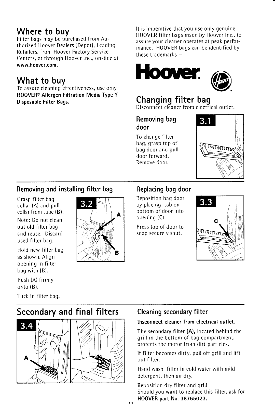 Hoover UH50000 owner manual Whereto buy, Whatto buy, Changingfilter bag, Secondaryandfinal filters 