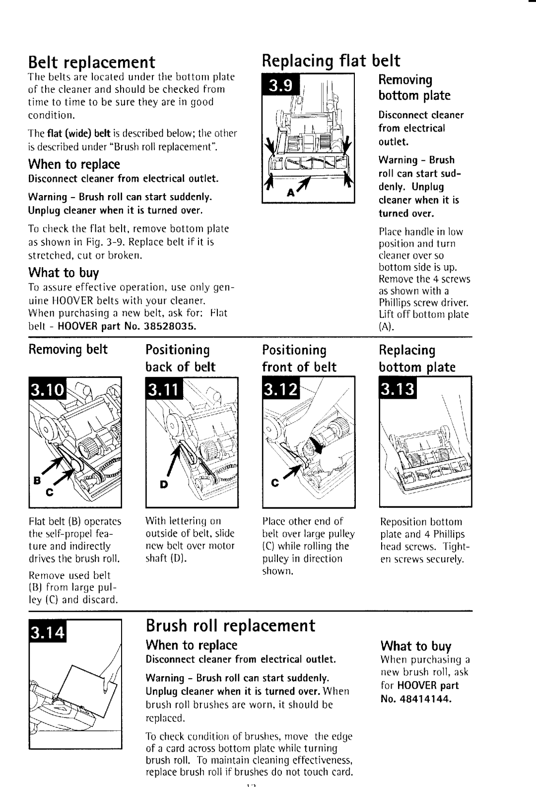 Hoover UH50000 owner manual Beltreplacement, Brushrollreplacement 