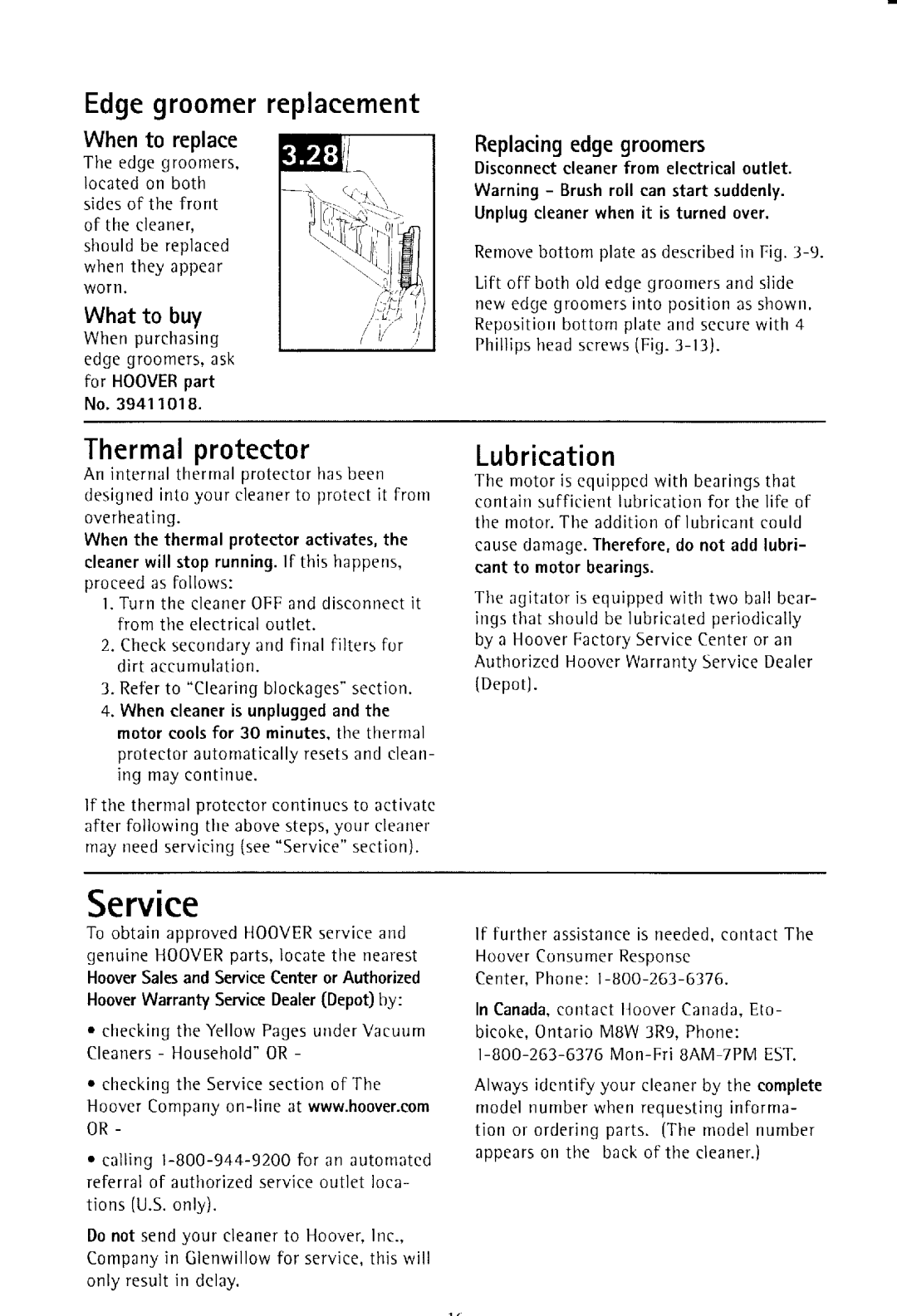 Hoover UH50000 owner manual Service, Edgegroomerreplacement, Thermalprotector, Lubrication, Replacingedgegroomers 