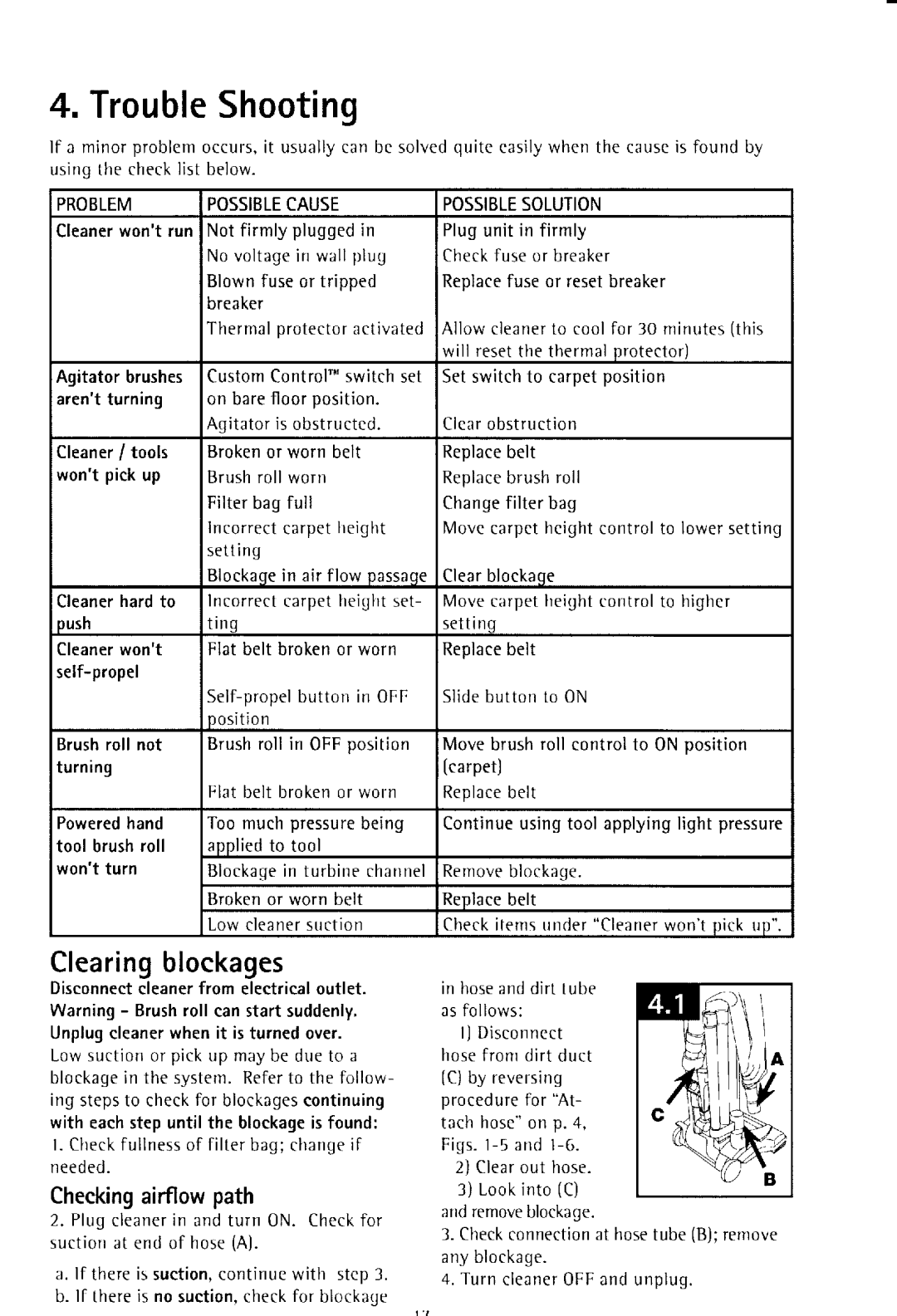 Hoover UH50000 owner manual TroubleShooting, Clearingblockages, Checkingairflowpath 