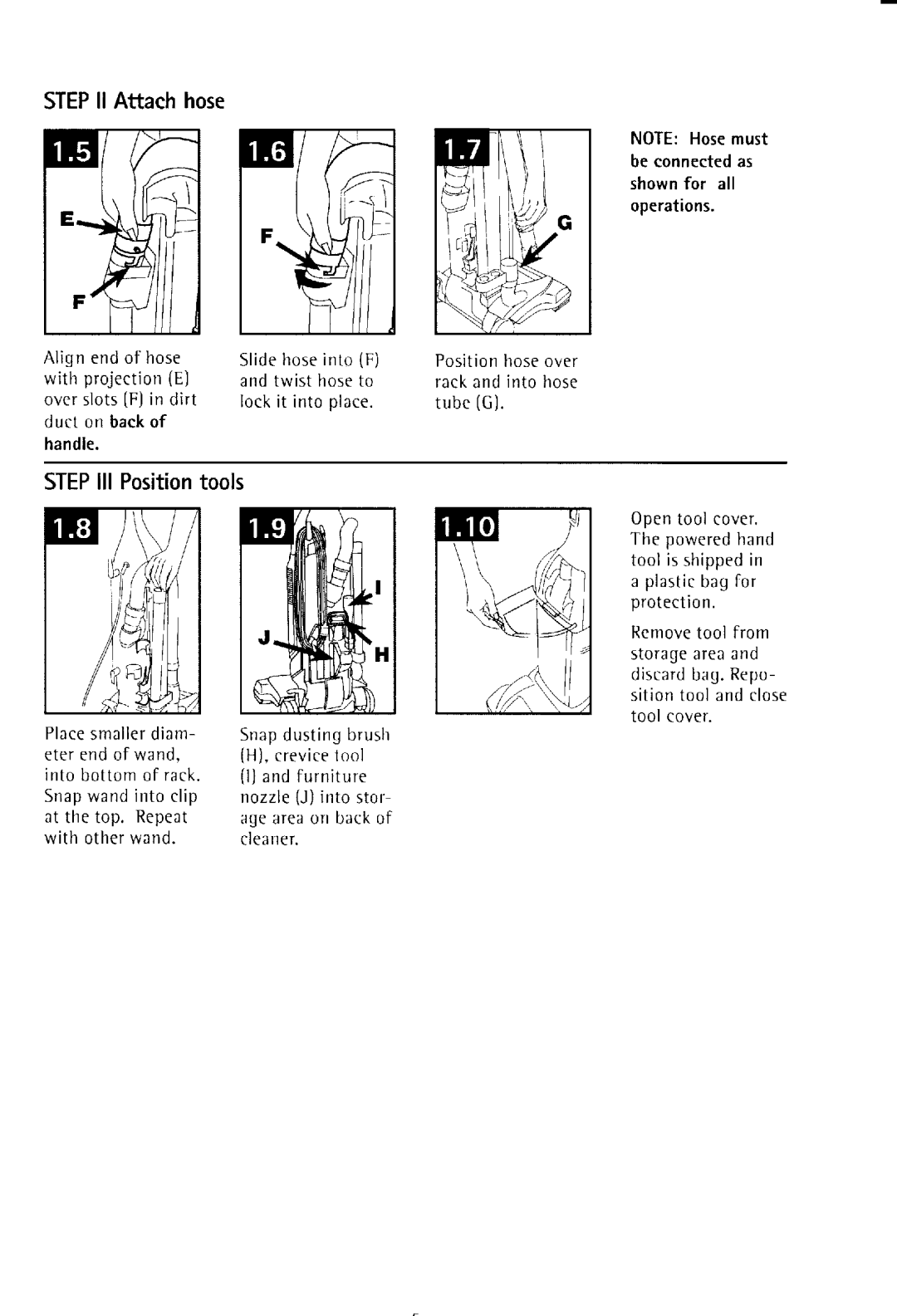 Hoover UH50000 owner manual STEPll Attach hose, STEPlll Positiontools, T i o nt o o l a n d c l o s e tool cover 