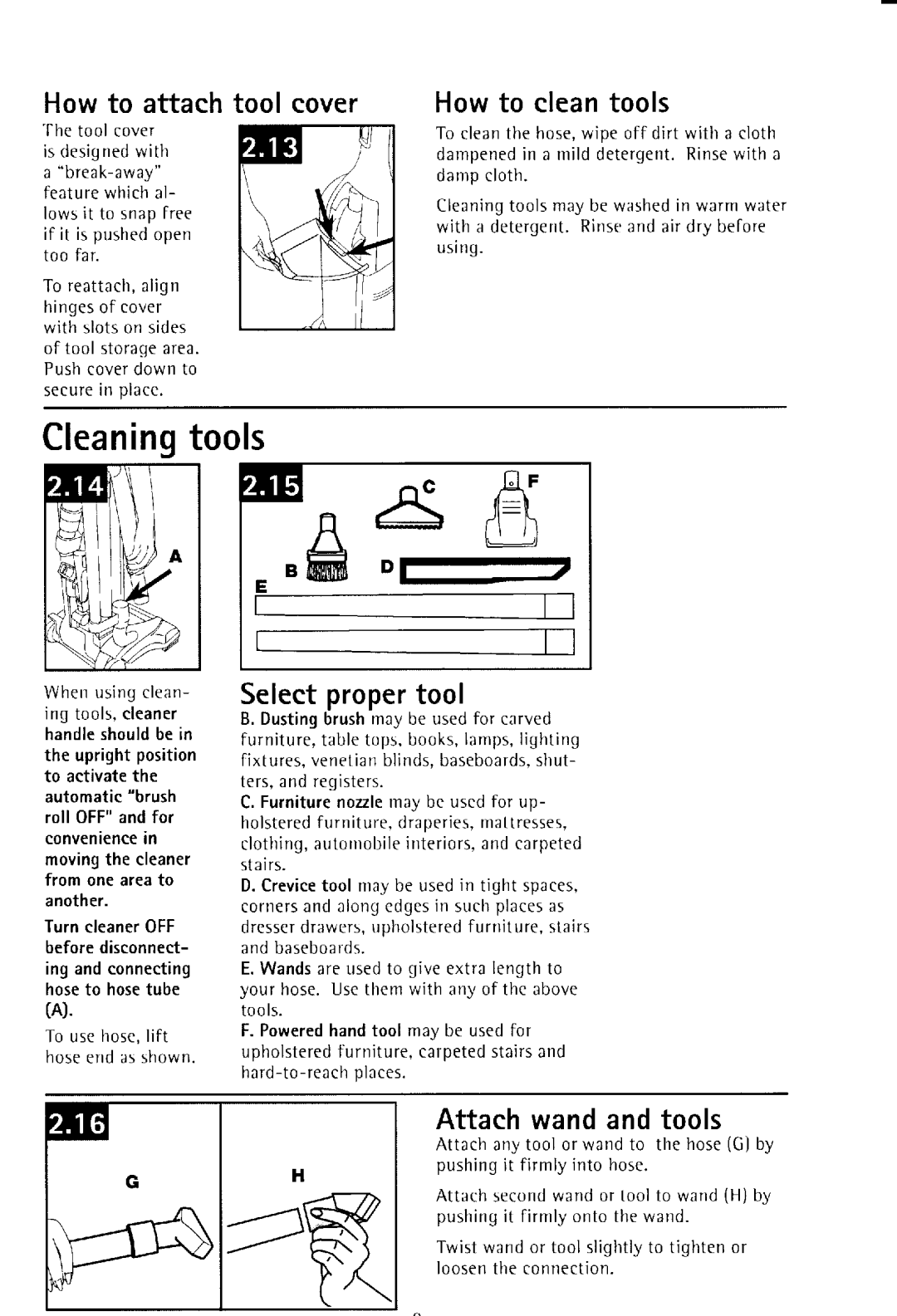 Hoover UH50000 owner manual Cleaningtools, Howto attachtool cover, Howto cleantools, Selectpropertool, Attachwandandtools 