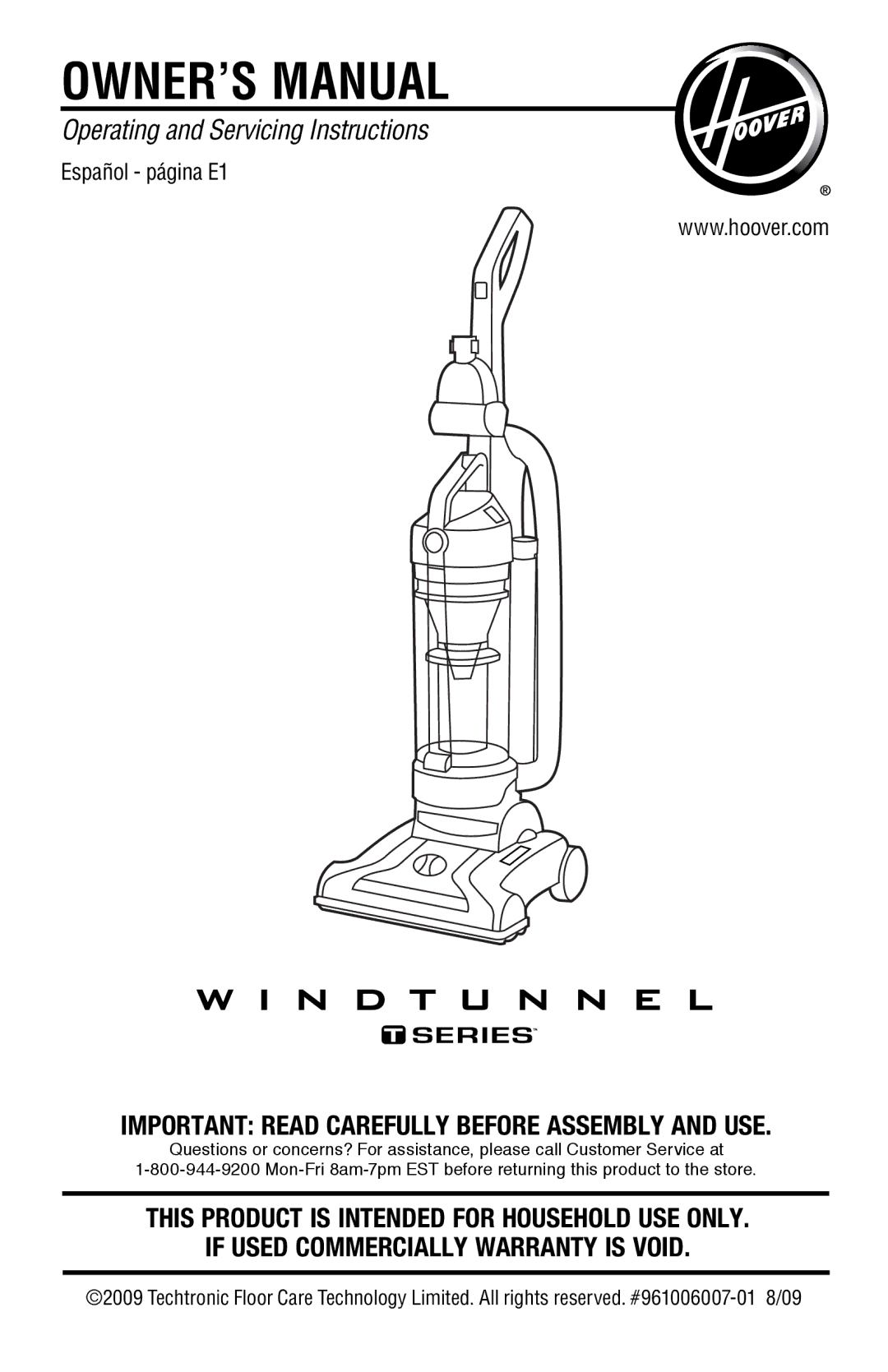 Hoover UH70105 owner manual If Used Commercially Warranty is Void 